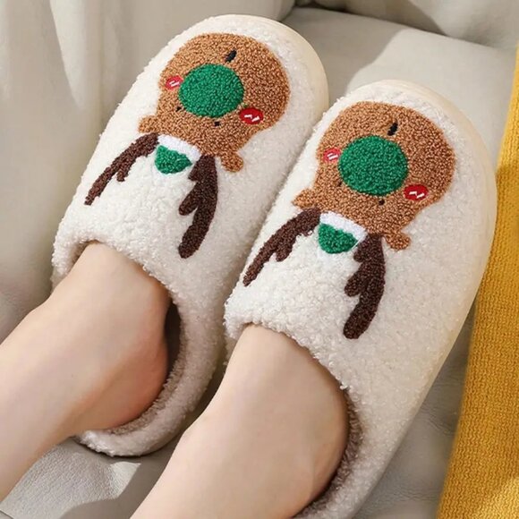 Reindeer Slippers Christmas Sherpa Holiday Indoor Outdoor NEW - Picture 3 of 5